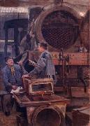 Johannes Martini Fruhstuck in der Lokomotivwerkstatte, oil painting